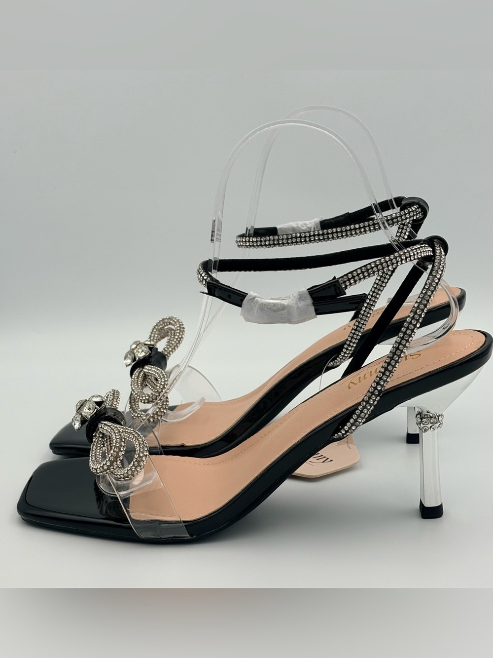 Susanny Black Patent Rhinestone Bow Slingback Wedding Prom Shoes Size 9